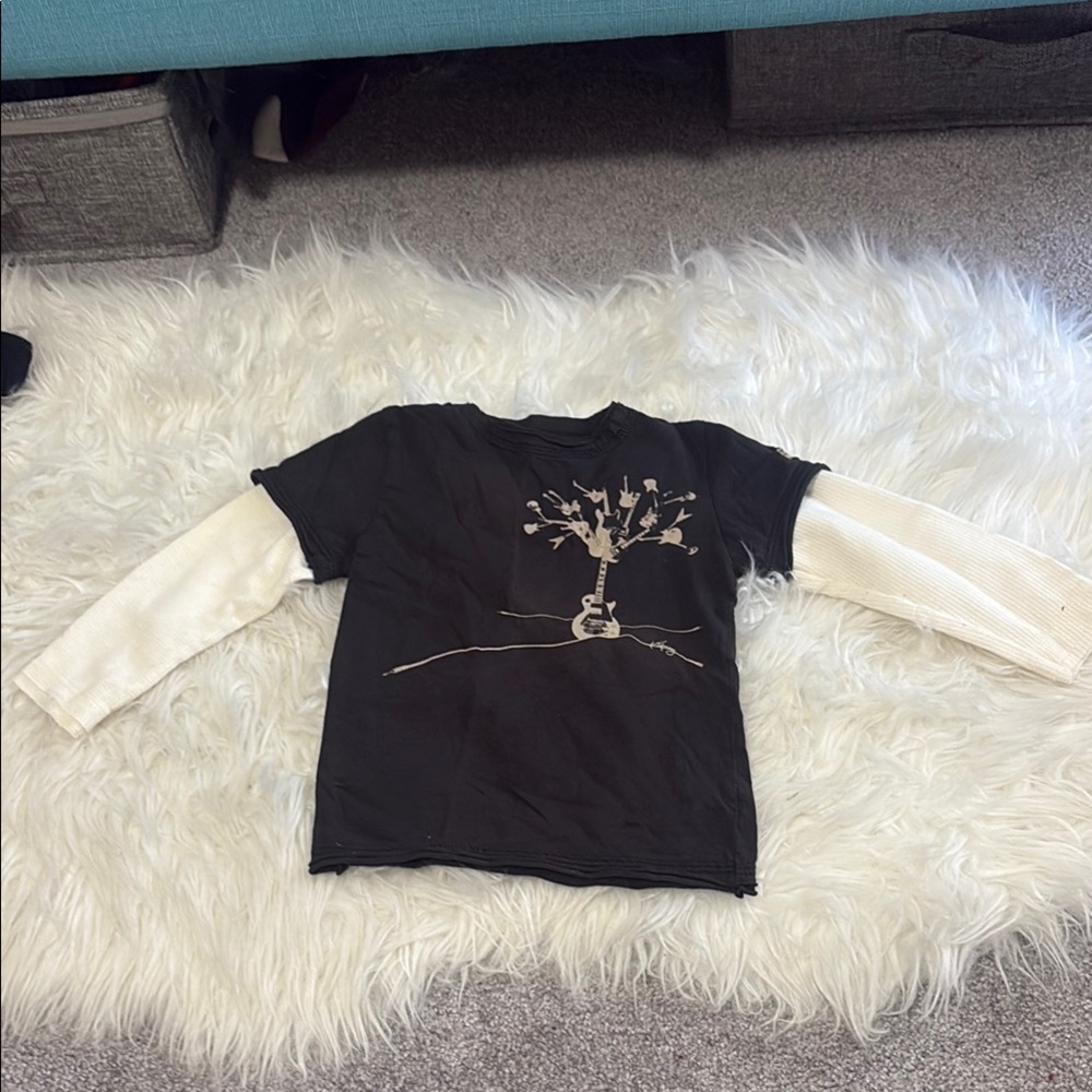 Black and Cream Long Sleeve Tee with Artistic Tree Design